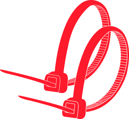 Ilustração de abraçadeira de nylon vermelha formando um coração, representando a alta qualidade e o estoque da Guinner
